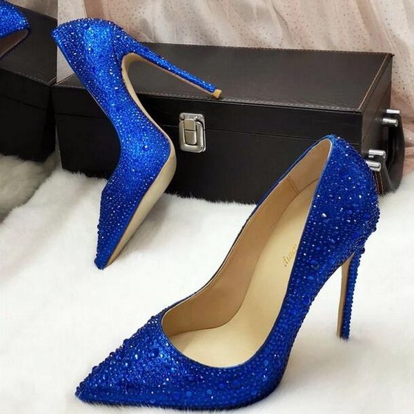 

luxurious fashion women shoes blue crystal rhinestone heel pumps boots pointy toes heels stiletto high-heeled ladies bridal wedding din, Black