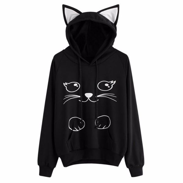

women cat ear loose long sleeve hooded pullover sweatshirt coat print cartoon winter take inside sweatshirts 210805, Black