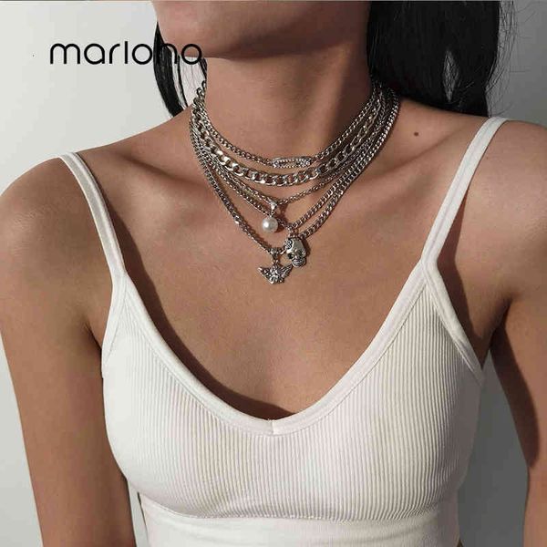 

necklaces pendants marioho exaggerated atmosphere micro-inlaid multilayer punk hip-hop style pin skull for women jewelry gift, Silver