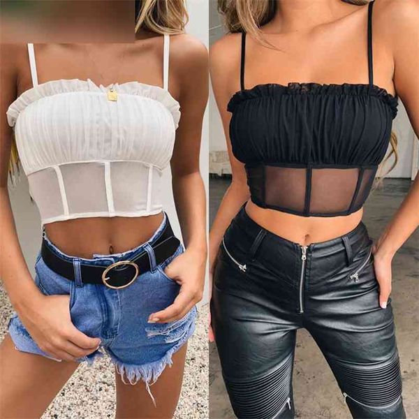 

women tube summer sale chiffon tank cropped sleeveless camisole spaghetti strap ruched hollow streetwear 210522, White
