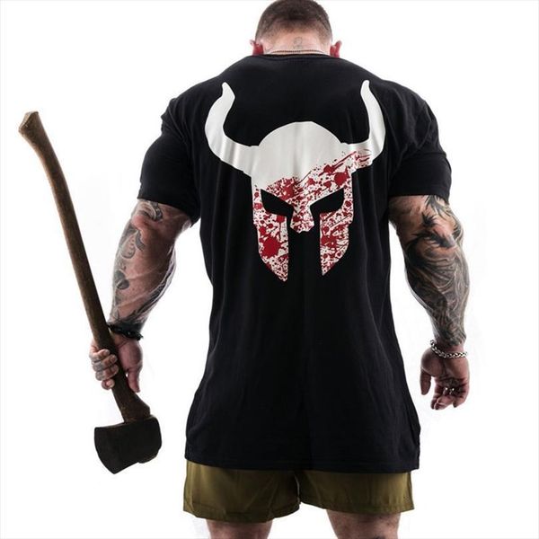 

gyms fitness bodybuilding short sleeve men ox printed cotton man casual fashion tee clothing, White;black