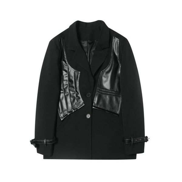 

Men's Suits & Blazers Men Splice Leather Casual Suit Coat Outerwear Male Dark Black Japan Streetwear Hip Hop Jacket Stage Show Clothing JZ6A, White;black