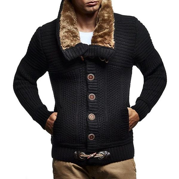 

men's sweaters fashion solid color long sleeve turtleneck fur collar knitted jacket fall winter plus size cardigan sweater streetwear, White;black