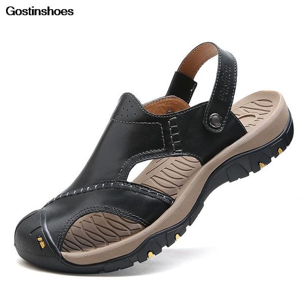 

sandals sandal men genuine leather casual quality full grain shoescover wear resistant summer sandles, Black