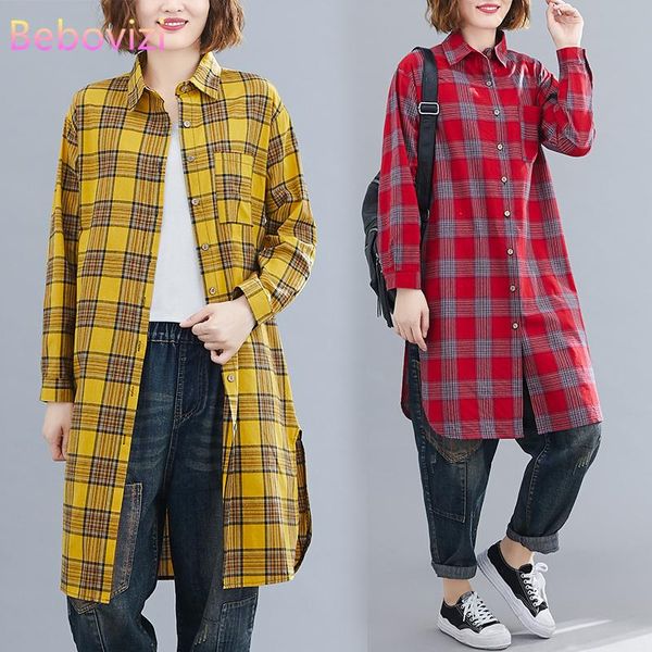 

women's blouses & shirts 2021 japanese korean fashion clothing yellow green red loose lattice street casual long plaid women top, White