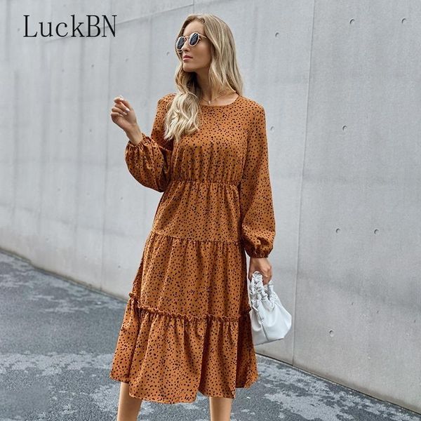 

women dresses floral long pleated dress sleeve high waist chiffon puff sleeves o collar loose autumn 2021 casual, Black;gray