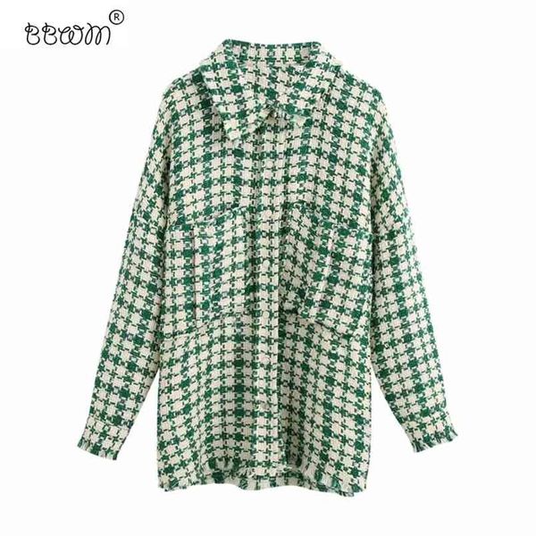 

stylish chic pockets green plaid tweed jackets women fashion lapel collar side vents coat female outerwear 210531, Black;brown
