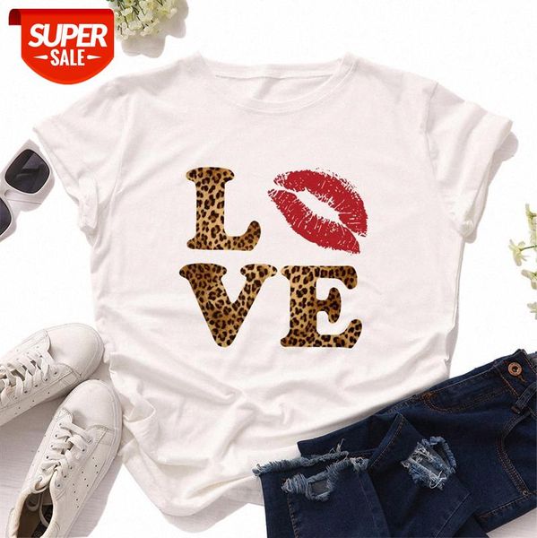 

women's loose round neck short-sleeved cotton t-shirt blouse love creative leopard print red lips #cf9m, White