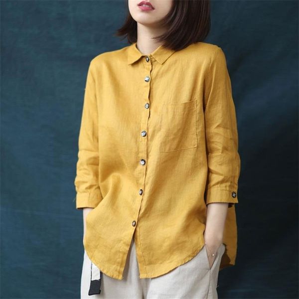 

spring arts style women 3/4 sleeve loose yellow shirts all-matched casual solid linen blouse femme vintage m250 210512, White