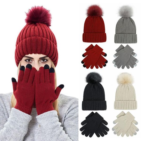 

hats, scarves & gloves sets fashion winter warm thick slouchy beanie faux fur pom hats touch screen mittens hat set, Blue;gray