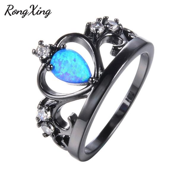 Anelli di nozze RongXing Goccia d'acqua femminile Blu Opale di fuoco Corona per le donne Gioielli di moda Vintage Black Gold Filled CZ Anello RB1026