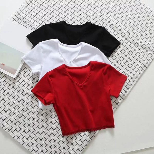 

neck crop ladies short sleeve t shirt tee basic stretch t-shirts women harajuku slim for clothing women's t-shirt, White