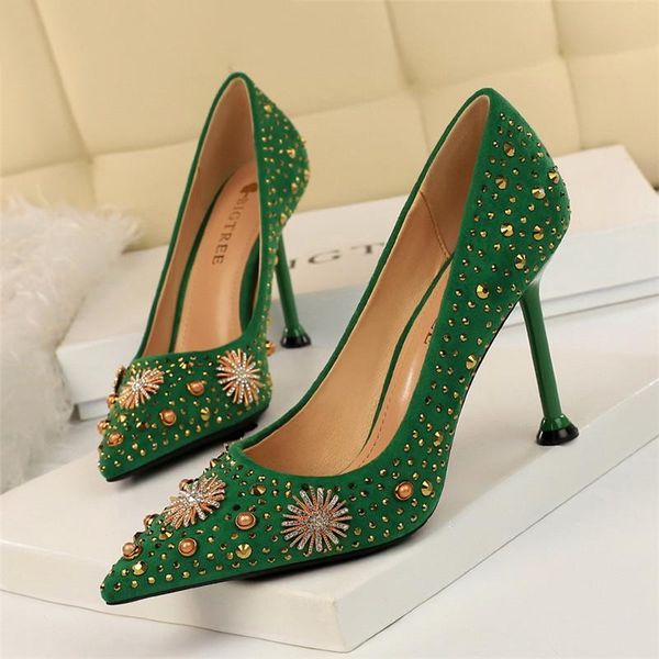 

dress shoes fashion women pumps rhinestone flock pointed toe thin heels 9.5cm high wedding bride stiletto, Black