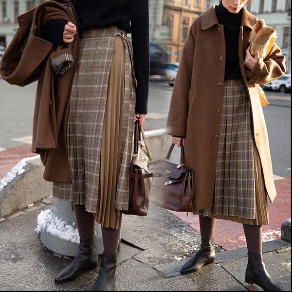 

lmq plaid high waist pleated women skirt streetwear british style long chic vintage ladies bottoms, Black