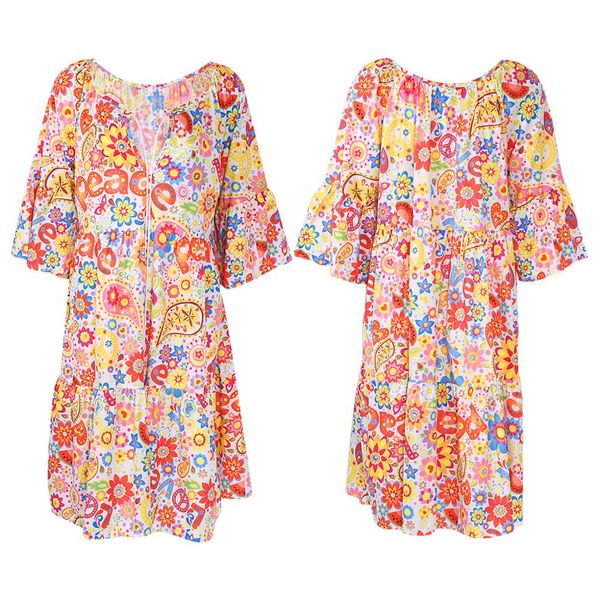 

2021summer women boho floral long sleeve dress holiday beach shirt dress ladies print mini dress plus size s-5xl, Black;gray