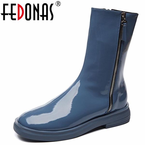 

boots fedonas side zipper women mid-calf fashion concise patent leather low heels classic casual shoes woman 2021 autumn winter, Black