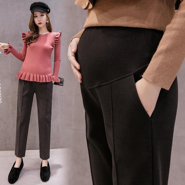 

maternity bottoms winter straight legs cotton abdominal pants with pockets pregnant women elegant woolen trousers office lady work, White