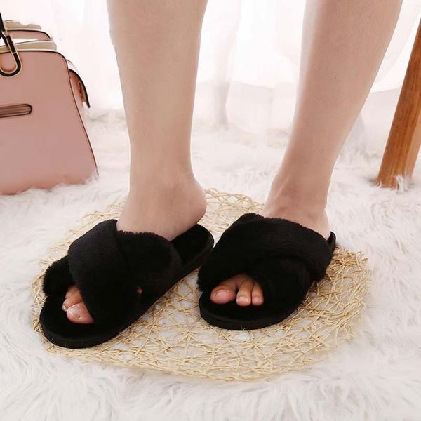 

slippers winter home women fashion faux fur warm shoes woman slip on flats ladies spring autumn female slides xkd8038, Black