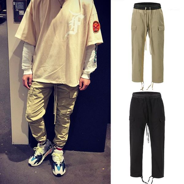 

men's pants high street khaki drawstring multi-pockets cargo men and women feet beam loose hip hop casual solid color trousers, Black