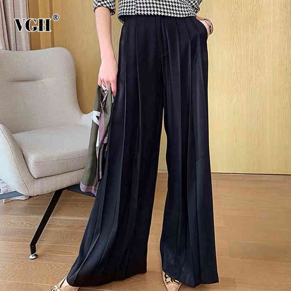 

vgh black pleated wide leg pants for women high waist solid minimalist casual loose trousers female fashion new clothing 210421, Black;white