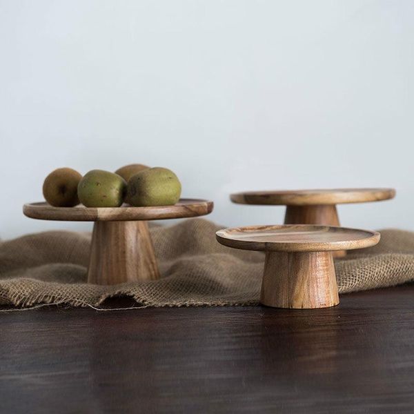 

dishes & plates 6.5/8.5 inch japanese style household solid wood plate fruit dessert high-foot cake sushi wooden tray set dish