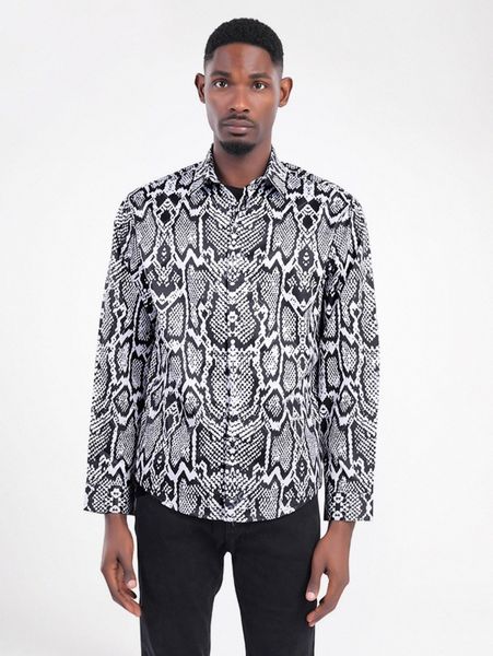 

cloudstyle men snakeskin print curved hem shirt p8vm#, White;black