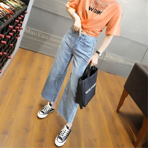 

jeans women's straight pants students' loose nine point with thin edges, Blue