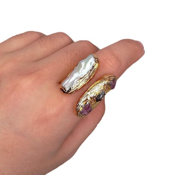 

y.ying cultured biwa pearl natural tourmaline rough gold plated ring adjustable, Slivery;golden