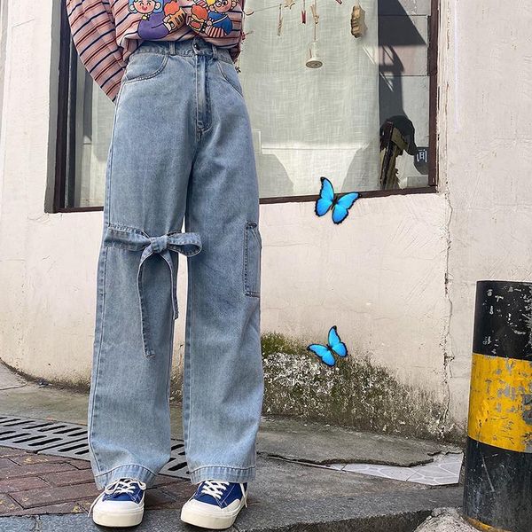 

jeans women bowknot wide leg denim trousers loose simple leisure cute high waist korean 2021 new trend autumn casual woman jeans, Black;white
