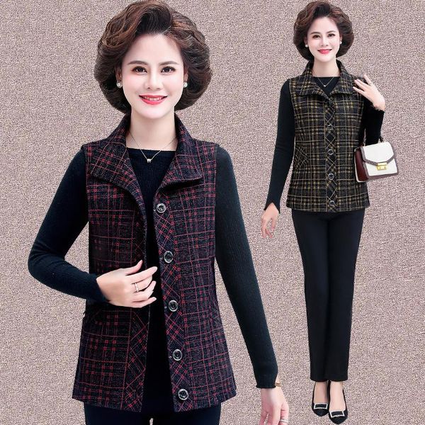 

women's vests #0783 red yellow plaid vest coat women middle age vintage waistcoat jacket female lapel collar slim outerwear, Black;white