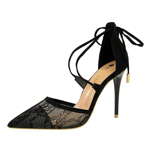 

dress shoes 2021 mesh high heels alternative fine stiletto super heel pointed lace cross strap women's, Black