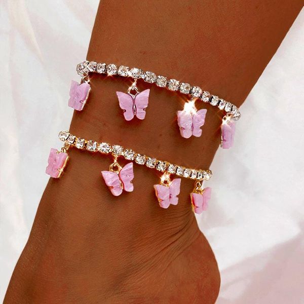 

anklets bohemia acrylic pink butterfly pendant bracelet for women shiny rhinestone tennis chain anklet summer barefoot jewelry, Red;blue