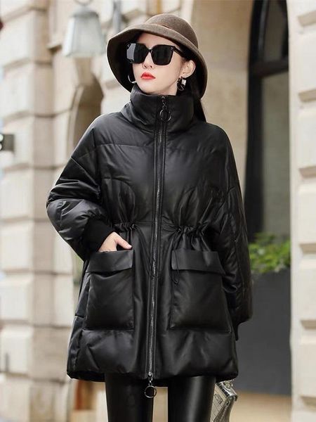 

women's leather & faux genuine down jacket women 2021 fashion real sheepskin coat plus size luxury oversized thick warm clothes, Black