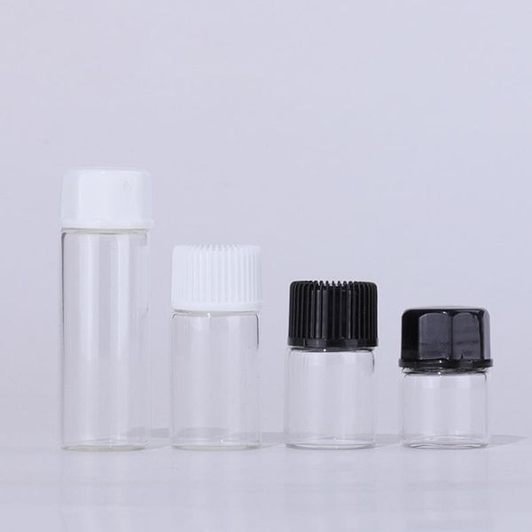 Bottiglie contagocce liquide in vetro E da 1 ml 2 ml 3 ml 5 ml con tappo bianco nero per l'imballaggio del campione di olio essenziale