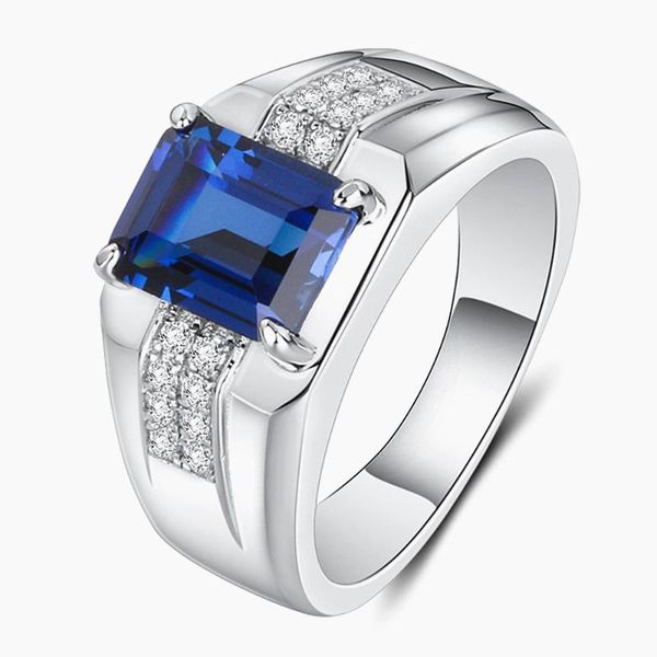 

cluster rings fashion square blue crystal sapphire gemstones diamonds for men white gold silver color jewelry bague argent anillos, Golden;silver
