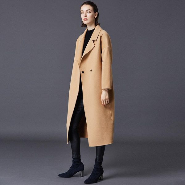 

women's wool & blends winter 100% coat women double side woolen coats female korean turndown collar long loose jacket abrigo mu, Black