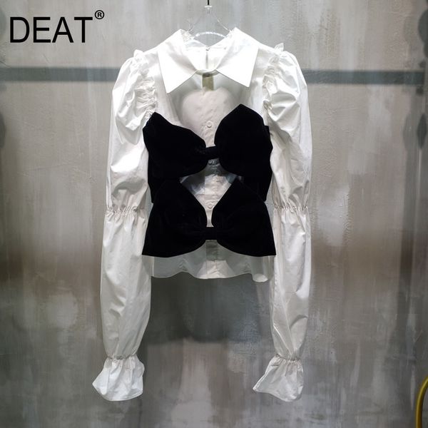 

spring summer fashion casual double bowknot stitching shirt black and white lantern sleeve slim women sh355 210421