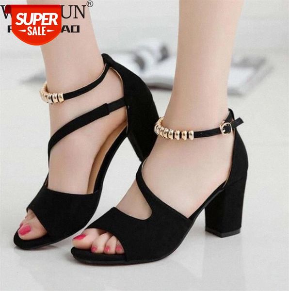 

2020 fashion fish mouth hollow roman sandals thick with beaded high heels female summer #er18, Black