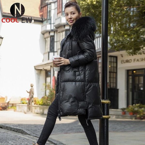 

women's leather & faux winter warm genuine duck down coat long real raccoon fur hooded trench windbreaker sheepskin outwear, Black