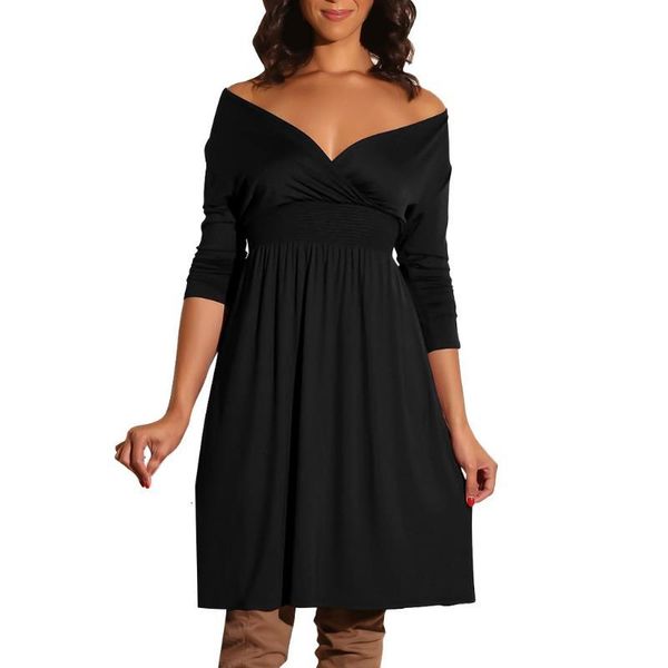 

Casual Dresses Feitong Black Minimalist Dress Womens V-Neck Long Sleeve Vestidos Solid Color Evening Party Robe Femme 95R5, Black;gray