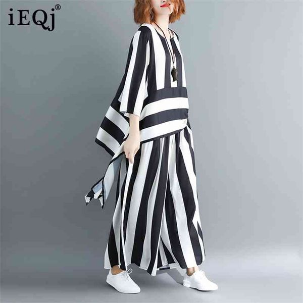 

[ieqj] summer women round collar irregular loose hem stripe shirt elastic suit casual waist two piece set bl641 210727, White