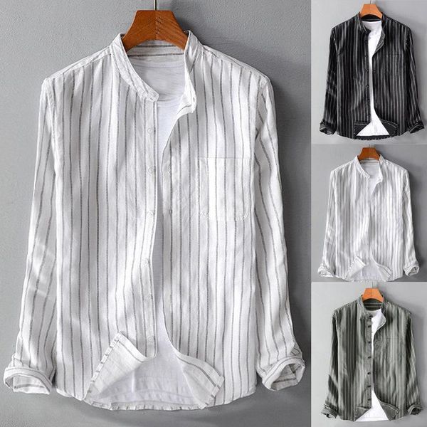

men's casual shirts japanese stand collar striped cotton linen long sleeve shirt fashion loose holiday button 2021, White;black