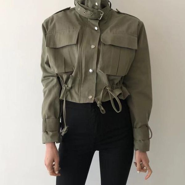 

women's jackets army green jacket women mujer chaqueta short design cargo coat stand collar chic korean clothing drawstring pockets coa, Black;brown