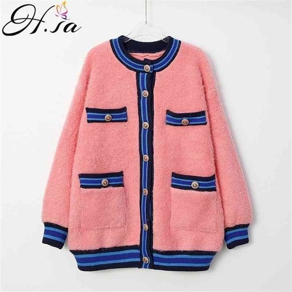 

h.sa women spring knitted coats long sleeve elegant fleeced thick warm single breasted sweater cardigans cashmere ponchoes 210716, White;black