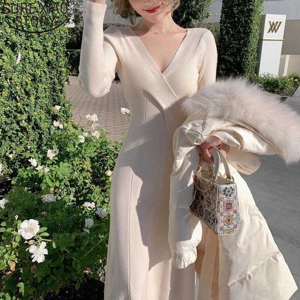 

french style knitted v-neck dress women autumn and winter elegant white high waist a- line long sleeve midi dress vestidos 11734 210528, Black;gray