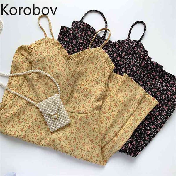 

korobov preppy style print spaghetti strap women dress korean chic backless chiffon female dreses boho beach style vestidos 210430, Black;gray