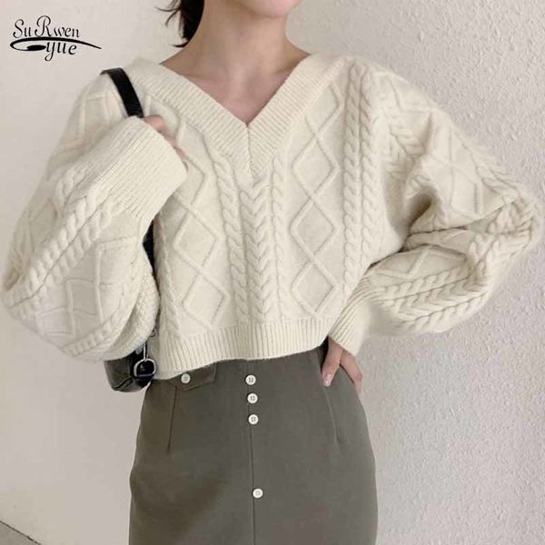 

bat sleeve v-neck pullover korean style loose short sweater women winter twist knitted jumper solid lazy sweaters 11644 210508, White;black