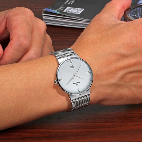 

wristwatches wwoor 2021 luxury diamond wrist watches mens fashion ultra-thin steel mesh men watch business quartz date clock waterproof relo, Slivery;brown