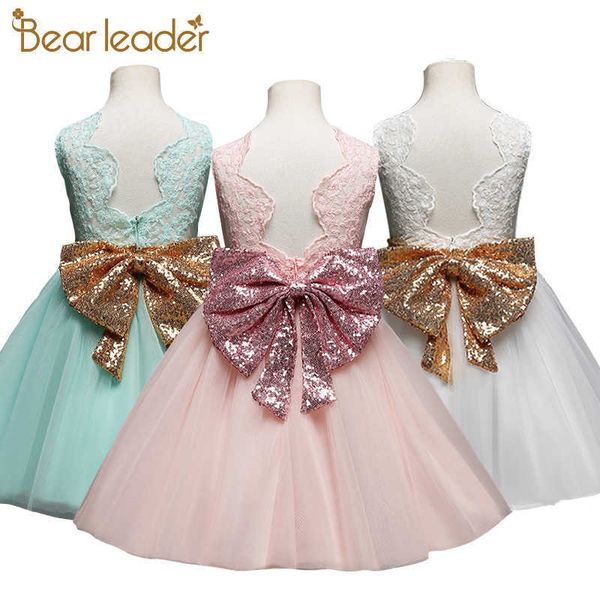 Líder Bear Girls Party Vestidos Kids Princesa Bowknot Trajes Sem Mangas Formal Outfits Crianças Vestuário de Prom 2-6Y 210708