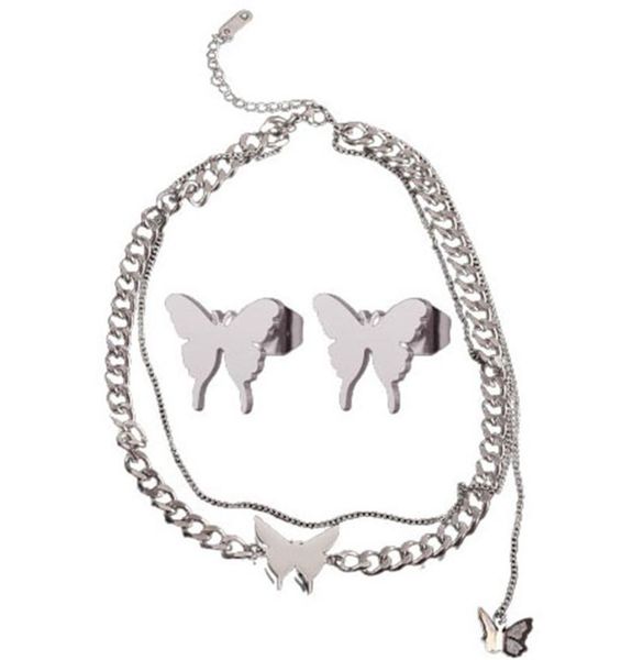 

earrings & necklace 316l stainless steel titanium non-fading metal stacking butterfly hip hop jewelry set, Silver
